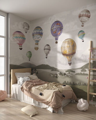 Wall mural for a children's room with balloons above the ground