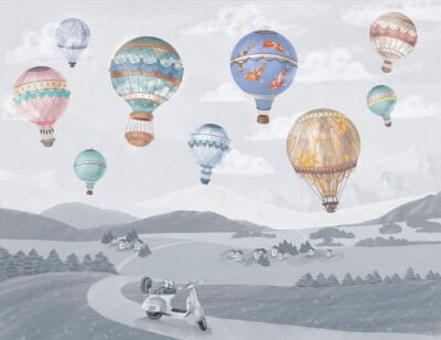 Kids wall mural with balloons above the ground in blue tones