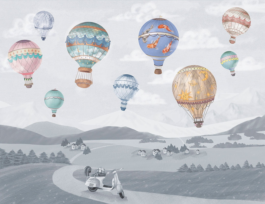 Kids wall mural with balloons above the ground in blue tones