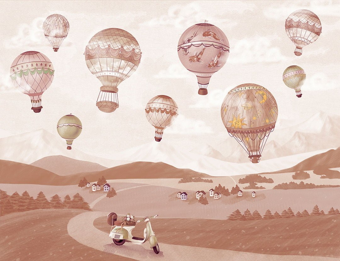 Kids wall mural with balloons above the ground in sepia tones