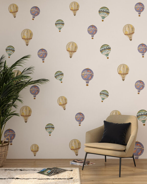 Kids patterned wallpaper for the living room with hot air balloons