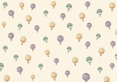 Kids patterned wallpaper with hot air balloons on the beige background