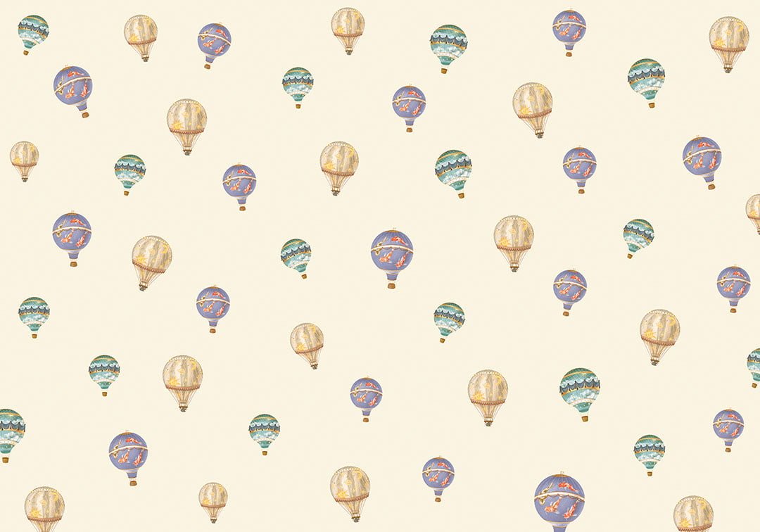 Kids patterned wallpaper with hot air balloons on the beige background