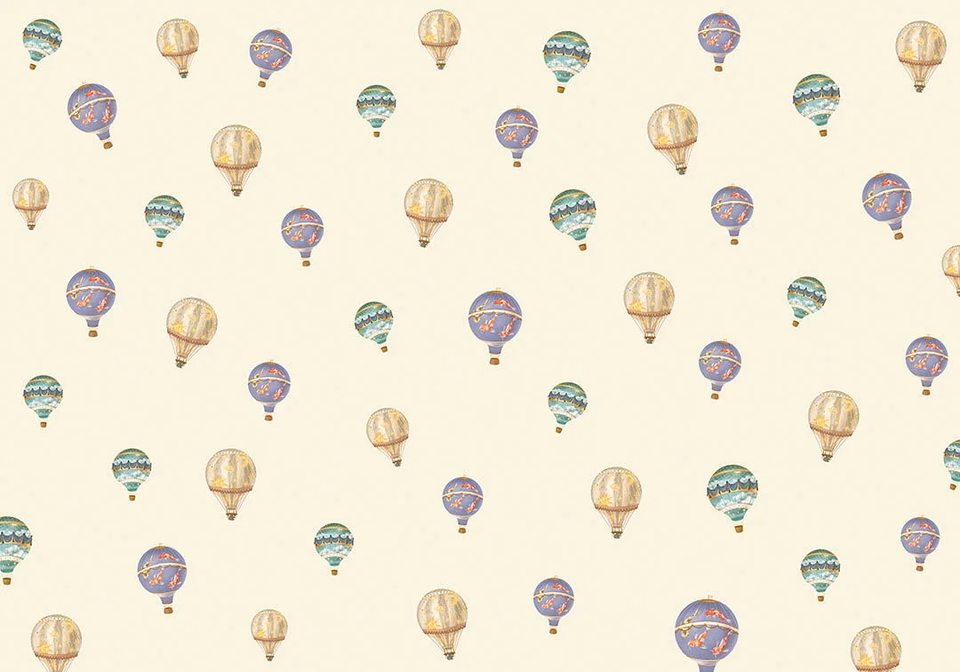 Kids patterned wallpaper with hot air balloons on the beige background