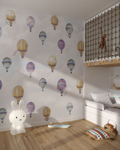 Patterned wallpaper for a children's room with hot air balloons in the clouds