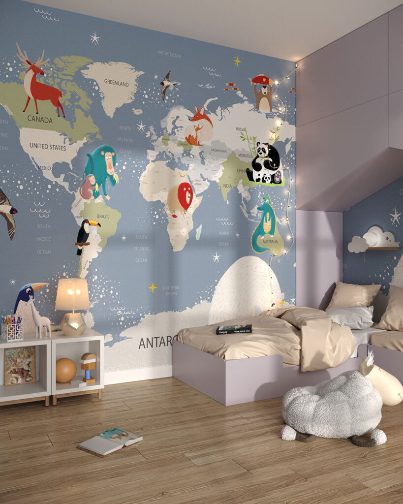 World map with animals wall mural for a children's room
