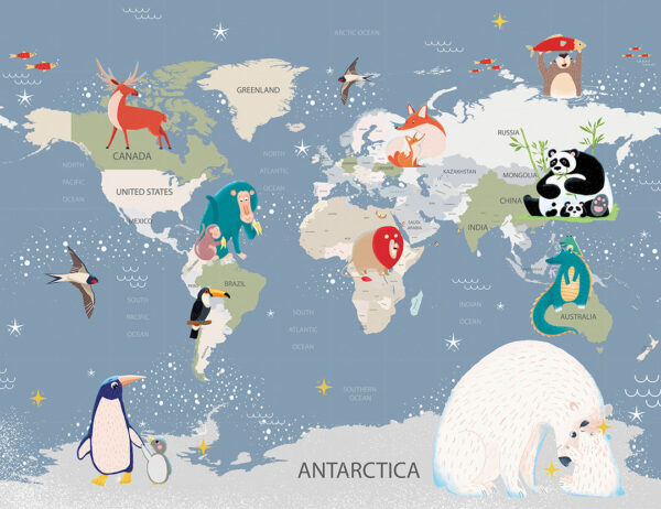 Children’s world map with animals wall mural