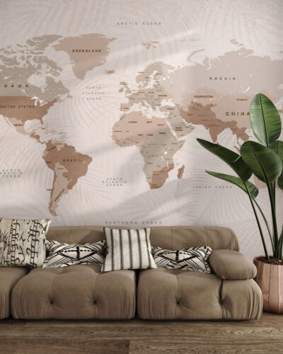 Beige world map wall mural for the living room with palm leaves