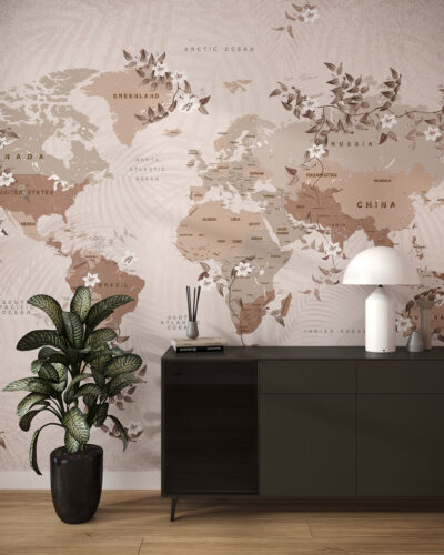 World map wall mural for the living room with flowers in copper color