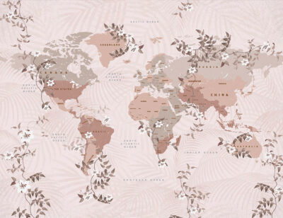 World map wall mural with flowers in copper color