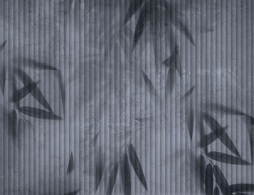 Tropical 3D wall mural with dark blue palm leaf prints behind panels