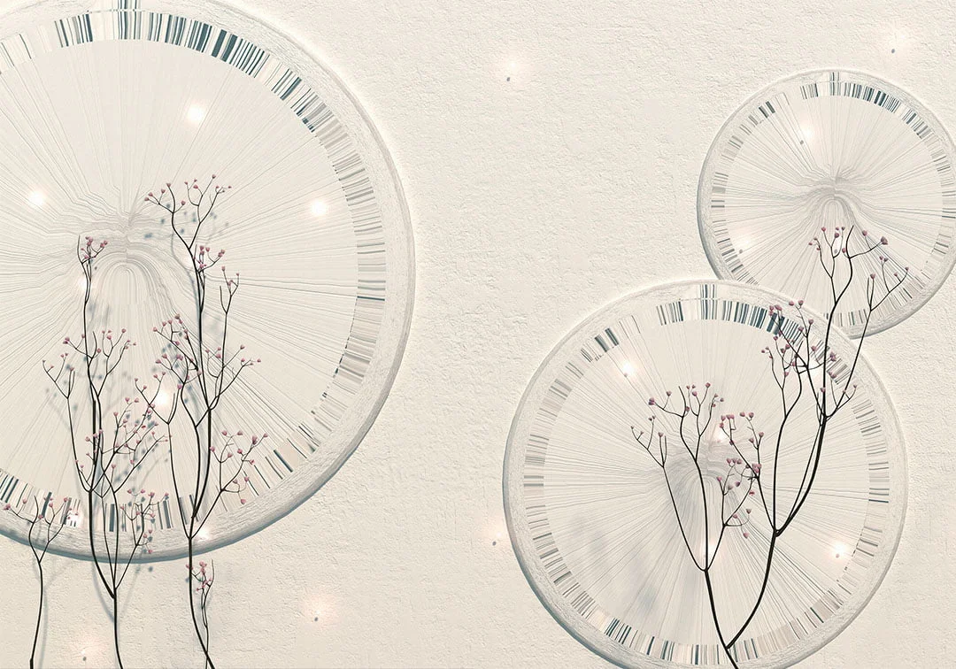 3D wall mural with delicate branches and geometric shapes in white tones