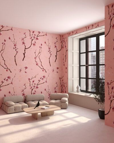 Sakura branches patterned wallpaper for the living room