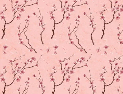 Flower patterned wallpaper with sakura branches on the pink background