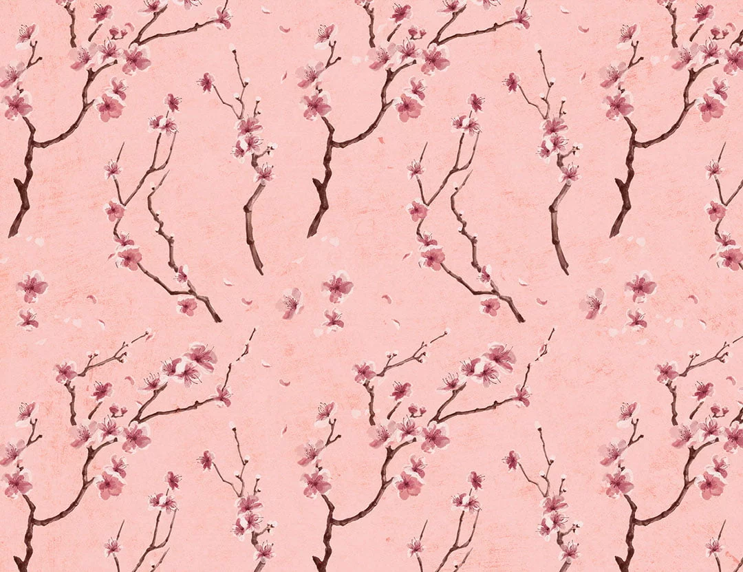 Flower patterned wallpaper with sakura branches on the pink background