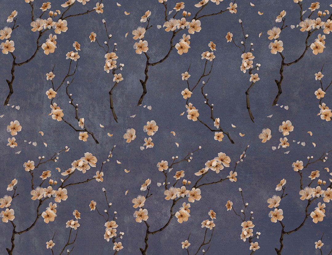 Flower patterned wallpaper with sakura branches on the blue background