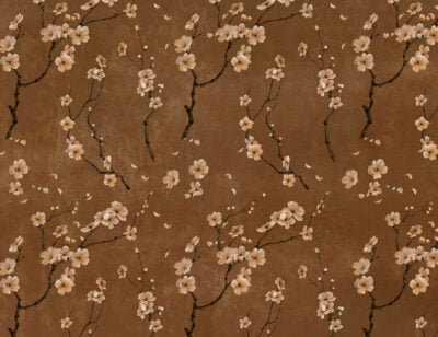 Flower patterned wallpaper with sakura branches on the brown background