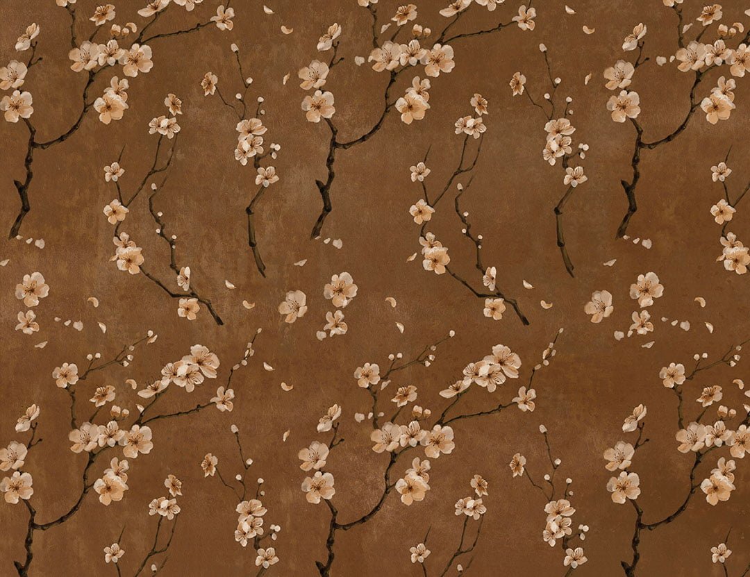 Flower patterned wallpaper with sakura branches on the brown background