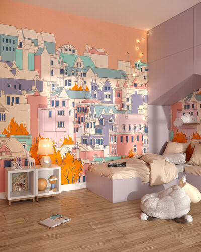 Cartoon style city wall mural for a children's room