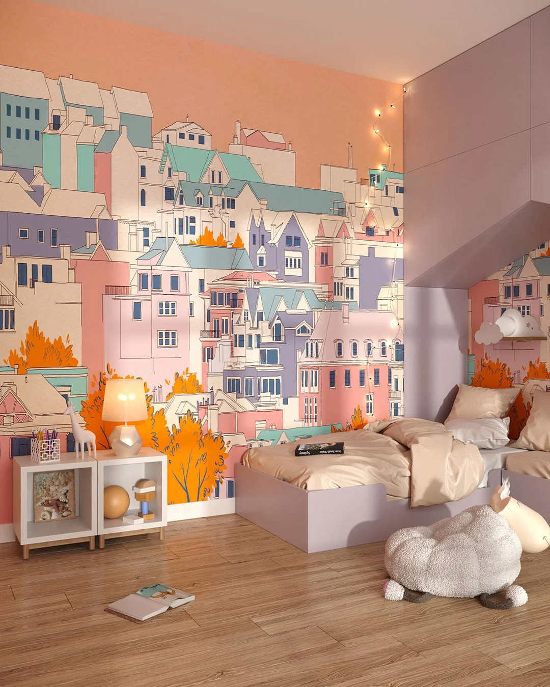 Wall Mural Bella città for a children's room - kith2kin.com Cartoon style city wall mural for a children's room