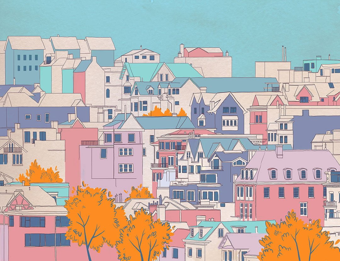 Cartoon style bright city with blue sky wall mural