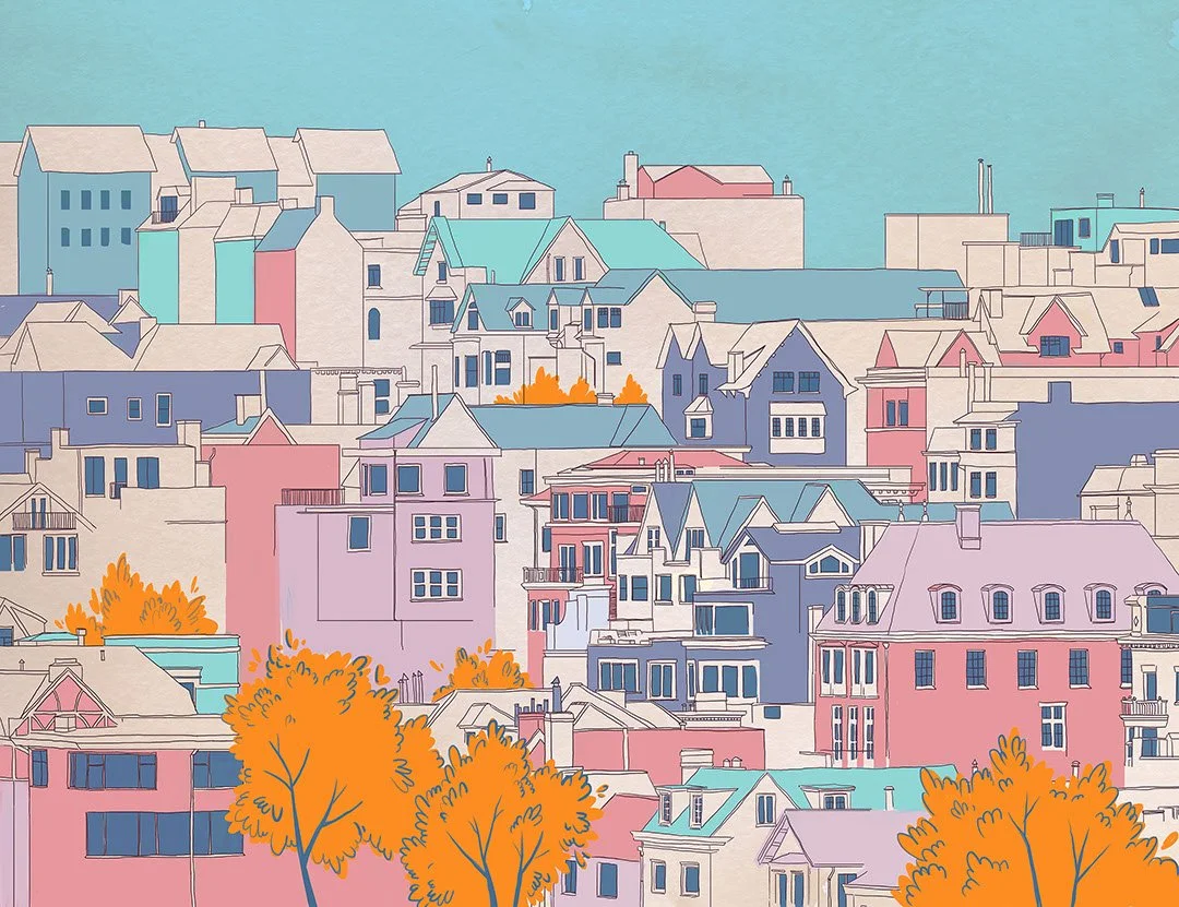 Cartoon style bright city with blue sky wall mural