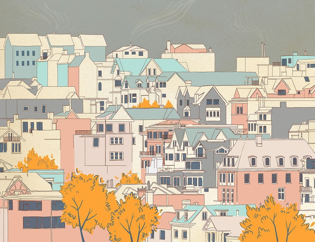 Designer wall mural with cartoon style city and gray sky