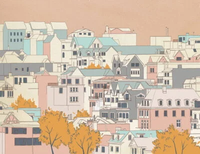 Designer wall mural with cartoon style city and dusty pink sky