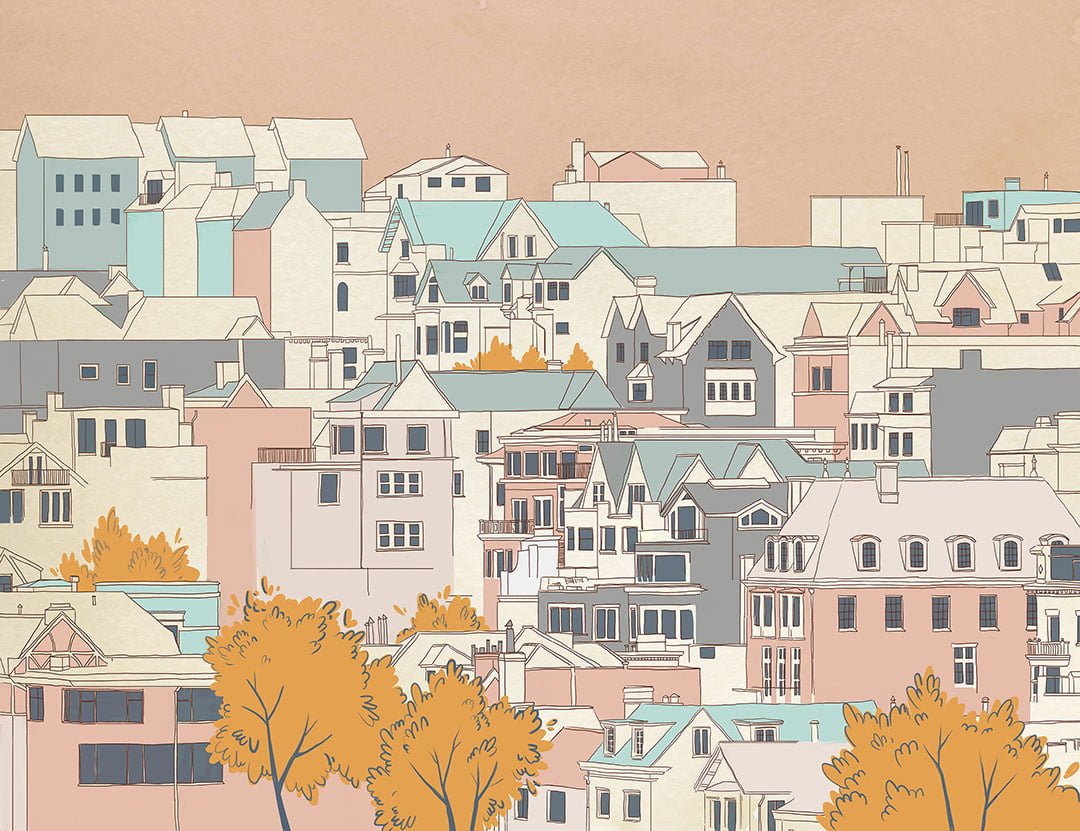 Designer wall mural with cartoon style city and dusty pink sky