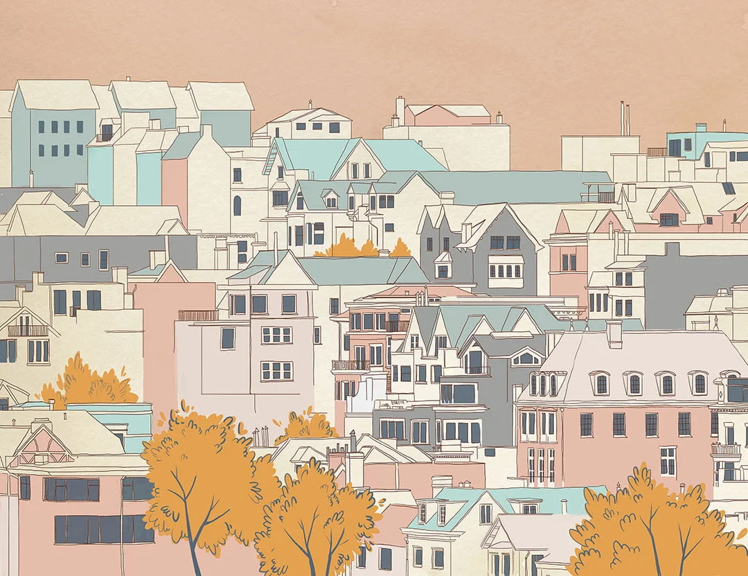 Designer wall mural with cartoon style city and dusty pink sky
