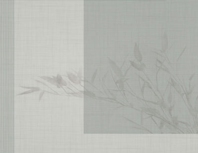 Geometric wall mural with delicate tree branch on a gray and green background