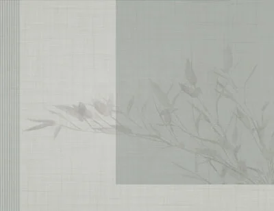 Geometric wall mural with delicate tree branch on a gray and green background