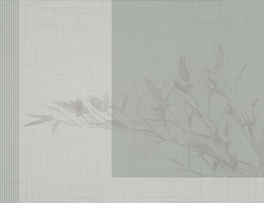Geometric wall mural with delicate tree branch on a gray and green background