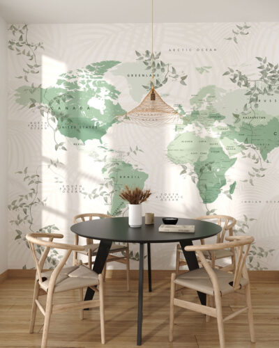 Green world map wall mural for the kitchen with delicate plants