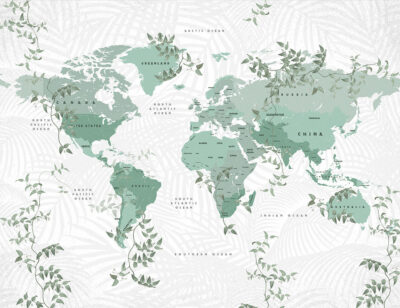 Green world map wall mural with delicate plants