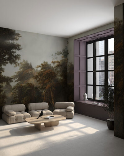 Dark foggy forest vintage wall mural for the living room