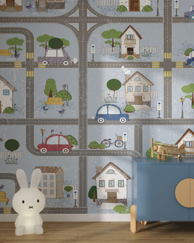 Wall mural for a children's room map with roads and cars