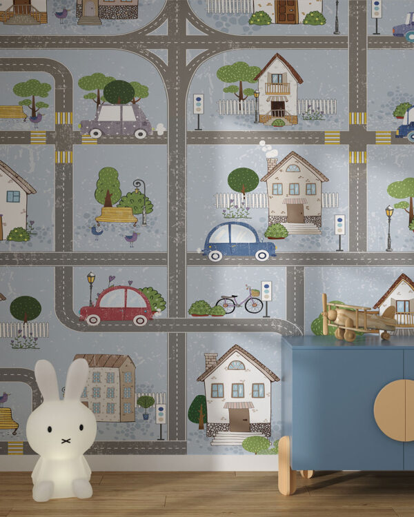Wall mural for a children's room map with roads and cars