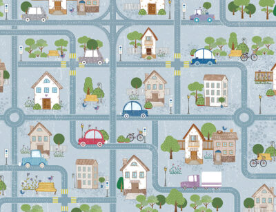 Kids blue wall mural map with roads and cars