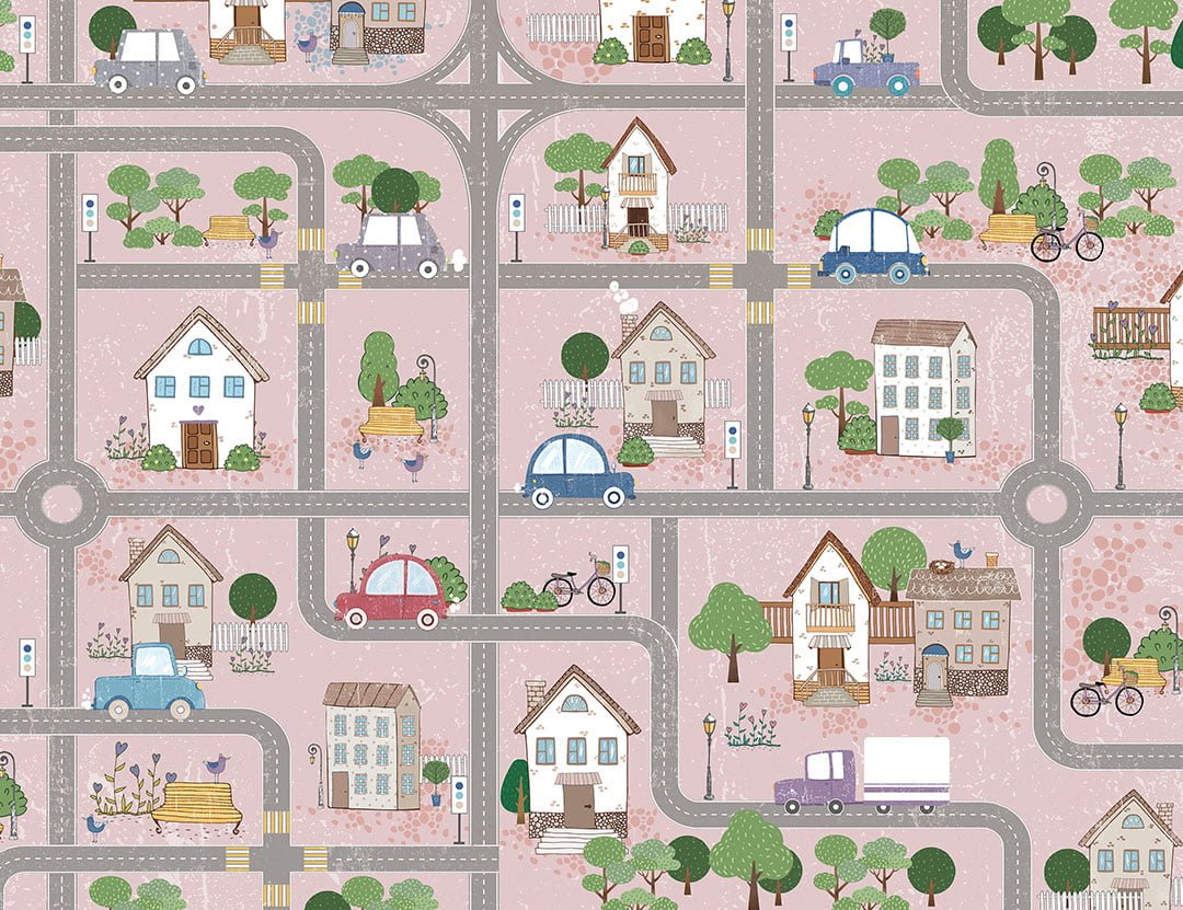 Pink kids wall mural map with roads and cars