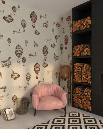 Vintage air balloons and airship patterned wallpaper for the living room