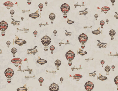 Vintage air balloons and airship in the beige cloudy sky patterned wallpaper