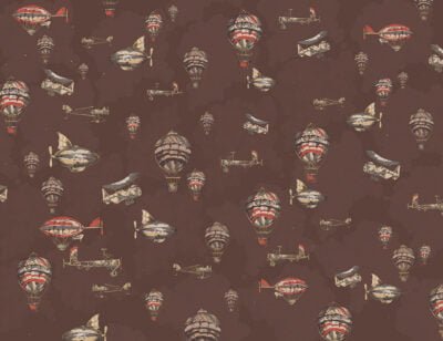 Vintage air balloons and airship in the brown cloudy sky patterned wallpaper
