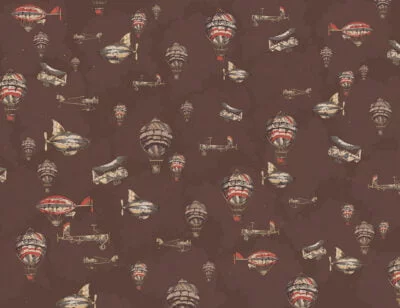 Vintage air balloons and airship in the brown cloudy sky patterned wallpaper