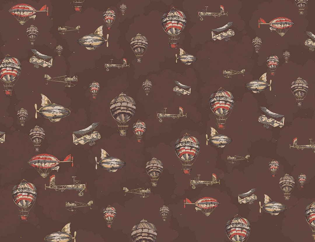 Vintage air balloons and airship in the brown cloudy sky patterned wallpaper