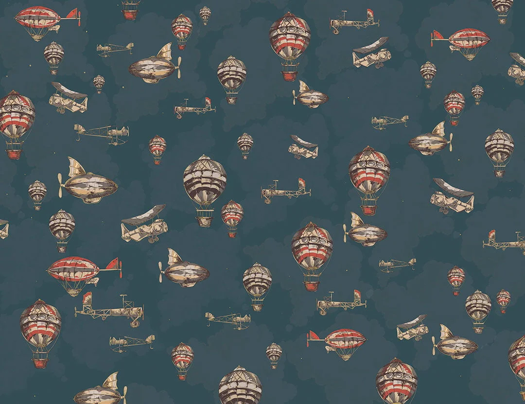 Vintage air balloons and airship in the blue cloudy sky patterned wallpaper