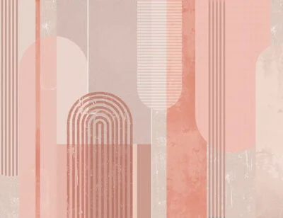 Pink geometric wall mural with arches and shapes