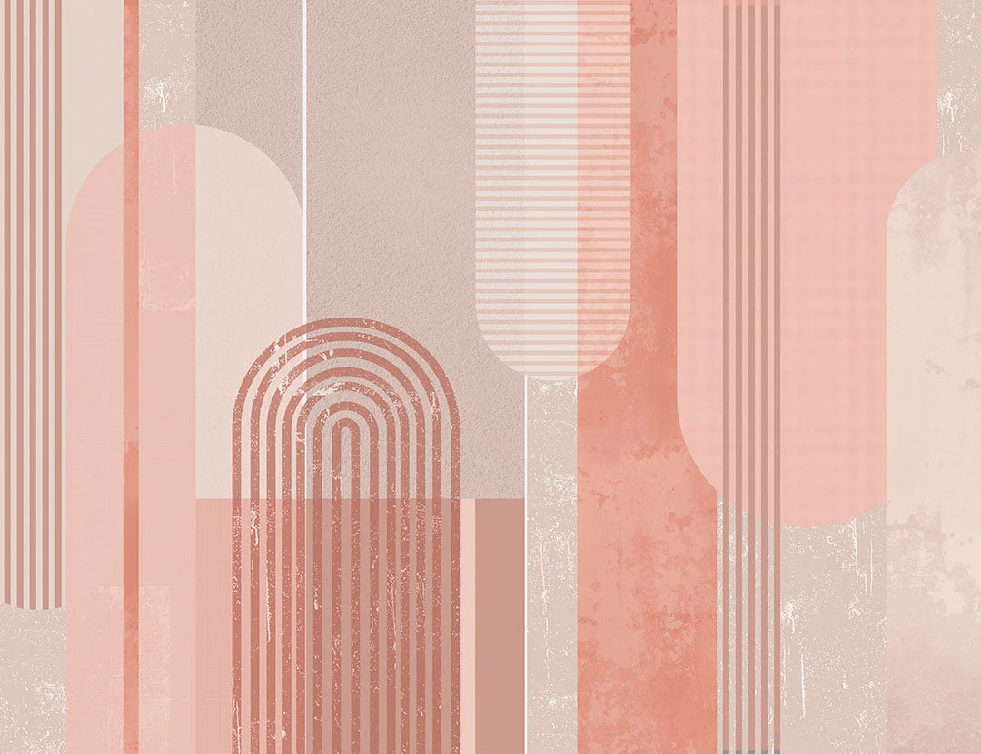 Pink geometric wall mural with arches and shapes
