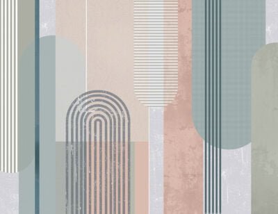 Pastel geometric wall mural with arches and shapes
