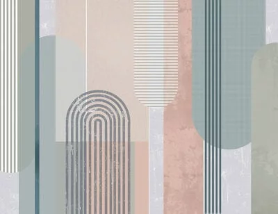 Pastel geometric wall mural with arches and shapes